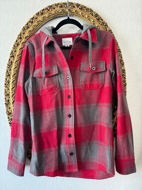Empyre Red & Gray Plaid Hooded Flannel Shacket